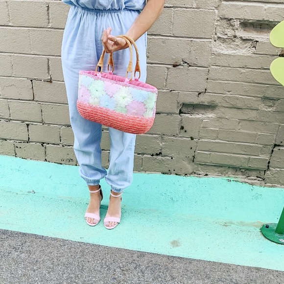 Floral woven Tote with Bamboo Handles - Picture 2 of 8